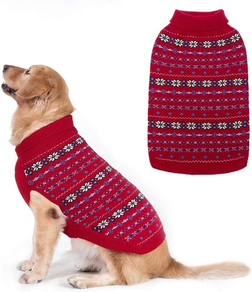 BINGPET Dog Sweater - Christmas Winter Warm Dog Clothes - Turtleneck Sweater for Small Medium Large Dogs - Classic Snowflake Doggy Knitwear Clothes (Red)