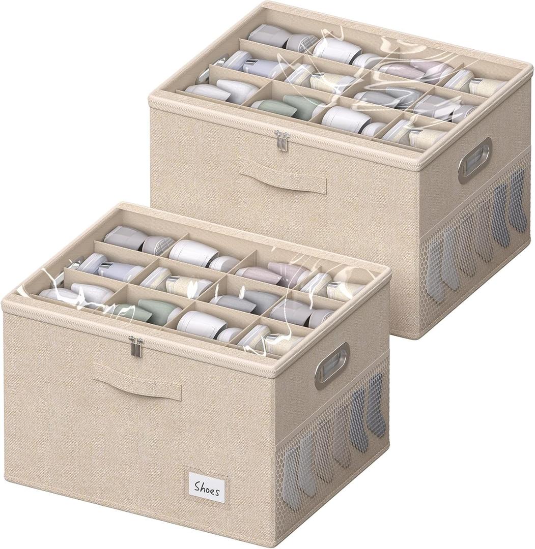 2 Pack Shoe Organizer for Closet Large Shoe Box Storage Containers with Clear Window Space Saving Shoe Bin with Foldable Bottom Support Adjustable Dividers Fits 32 Pairs (Beige, (19.7x15.7x13inch)x2)