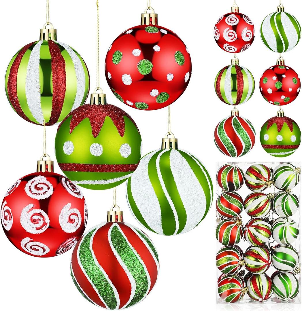 Leyndo 30 Pcs Christmas Ball Ornaments 2.4 Inch Lime Green Red White Whimsical Christmas Tree Ornaments Shatterproof Glitter Polka Dot Stripes Peppermint Candy Cane Xmas Bulbs for Tree(Stylish)