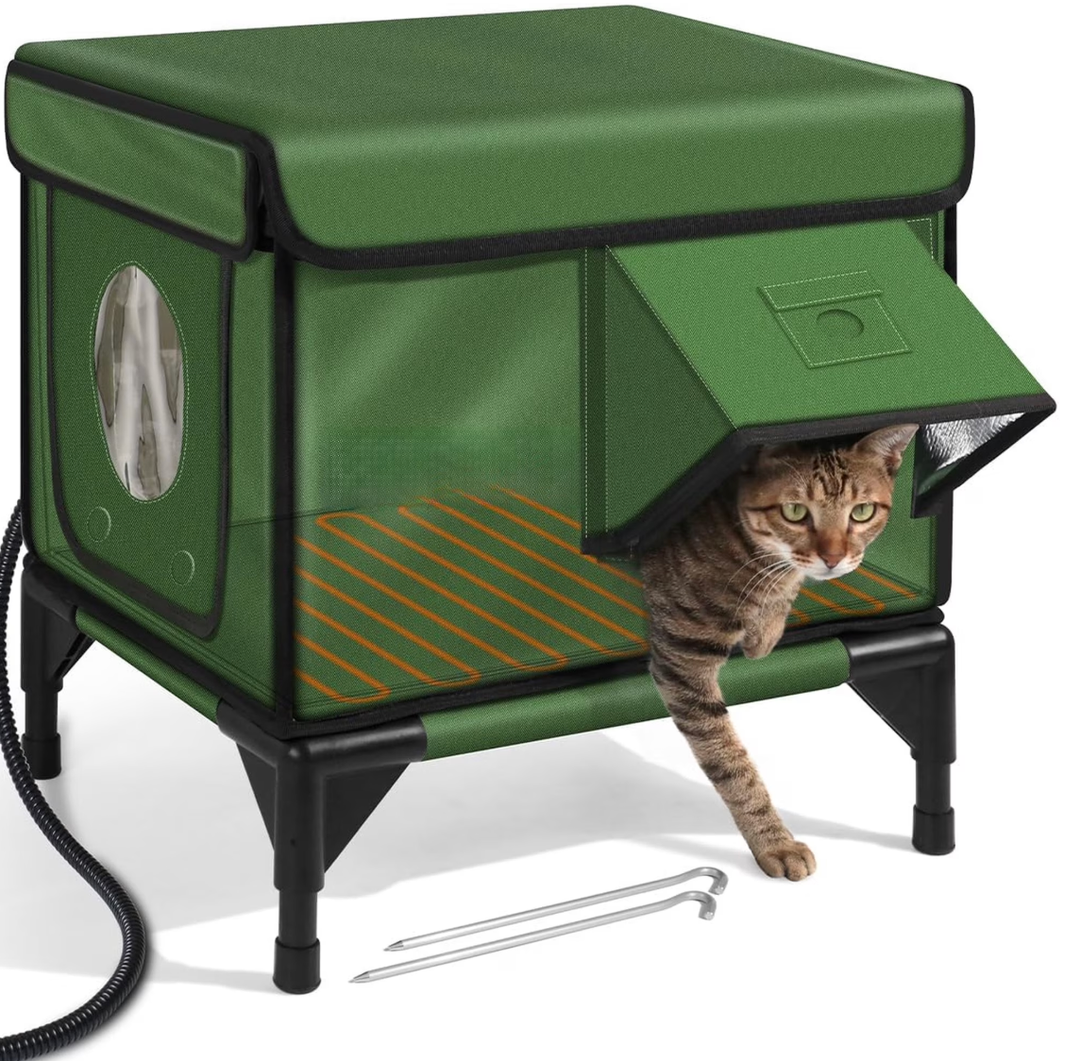 Heated Cat House for Outside, Insulated Weatherproof Heated Outdoor Cat House with Waterproof Eaves & Escape Door, Elevated Outdoor Cat Shelter for Feral Stray Cat (Green, 16.5"x13"x16.9")
