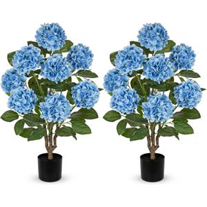 3FT Blue Hydrangea Artificial Flowers Tree 2 Pack Large Real Touch Faux Silk Hydrangea Plants Potted Fake Flower in Black Pot for Home Indoor Outdoor Front Porch Garden Entrance Living Room Decor
