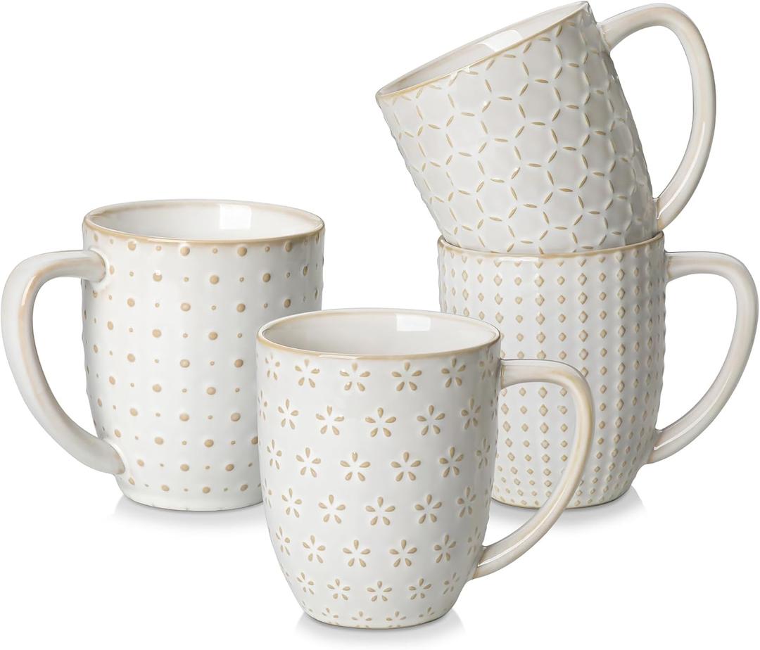 MALACASA LYDIA Coffee Mugs Set of 4, 16 Oz Ceramic White Cups with Handles, Embossed Cups for Latte Cappuccino Mocha, Dishwasher Microwave Safe, Gift Set for Coffee Lovers