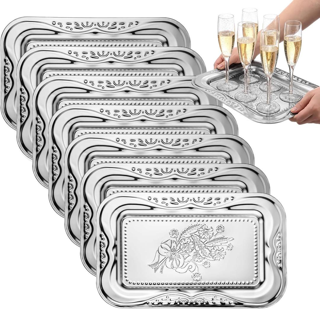 LemonRoad 6 Pack Silver Serving Trays 13.8 x 8.7 Inch Stainless Steel Dinner Trays Engraved Mirror Decorative Tray Silver Platters for Whiskey Charcuterie Snacks Desserts Fruits