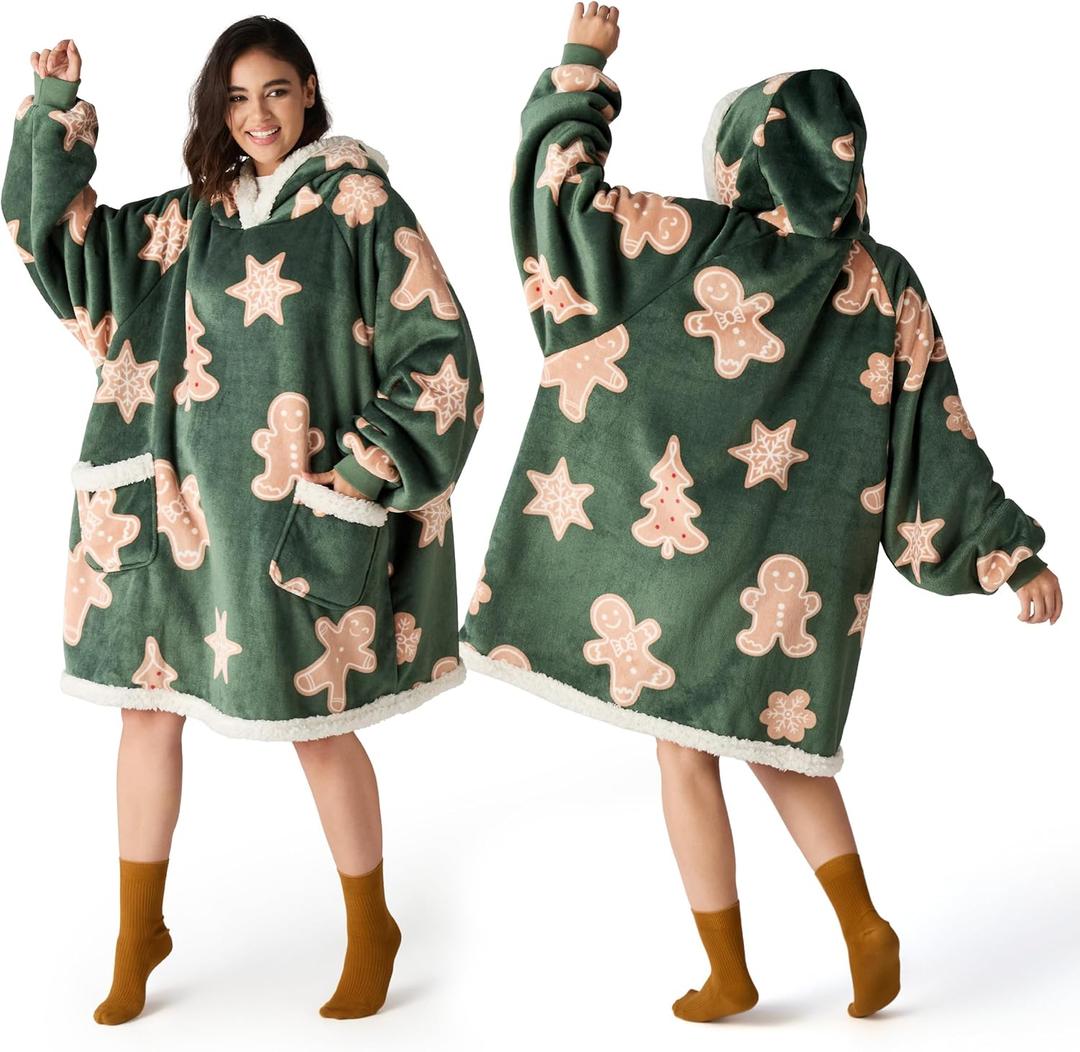 Bedsure Wearable Blanket Hoodie, Sherpa Hooded Blanket Printed for Adult & Kids as Gifts for Women, Mom Gifts Sherpa Hoodie, Standard, Gingerbread, Olive Green, Size: Standard