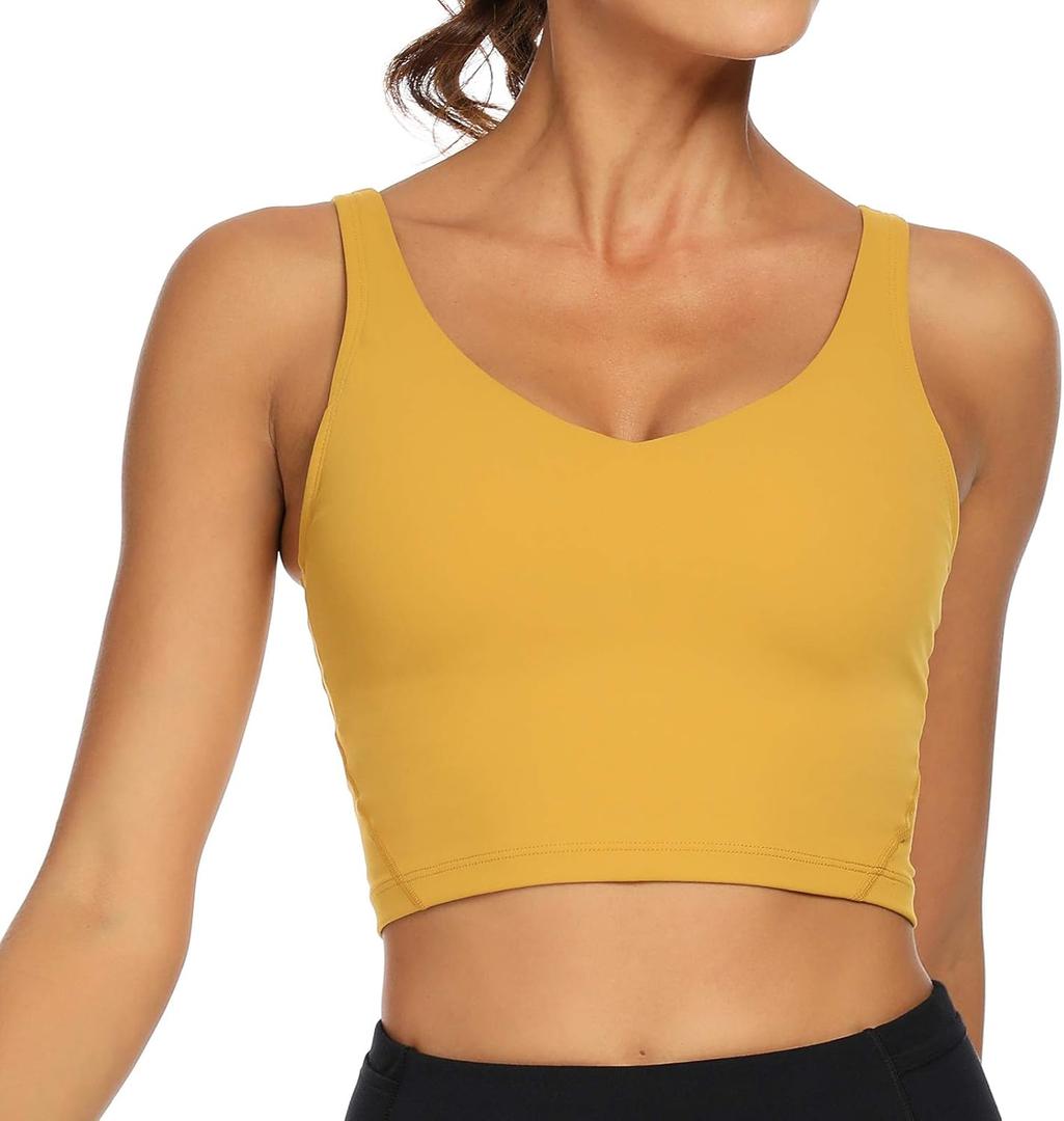 Lemedy Women Sports Bra Longline Crop Tank Top Padded Workout Running Yoga (Large, Yellow)