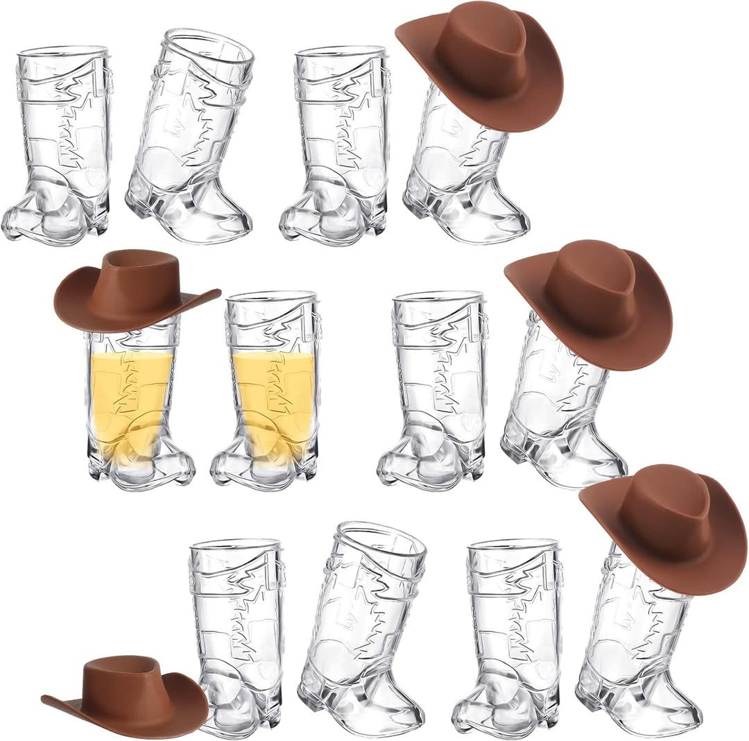 20 Pcs Plastic Mini Western Cowboy Cowgirl Hat and 10 Pcs Plastic Boot Shot Glasses Miniature Cute Doll Hat Cowboy Boot Cups (Brown, Simple Style)