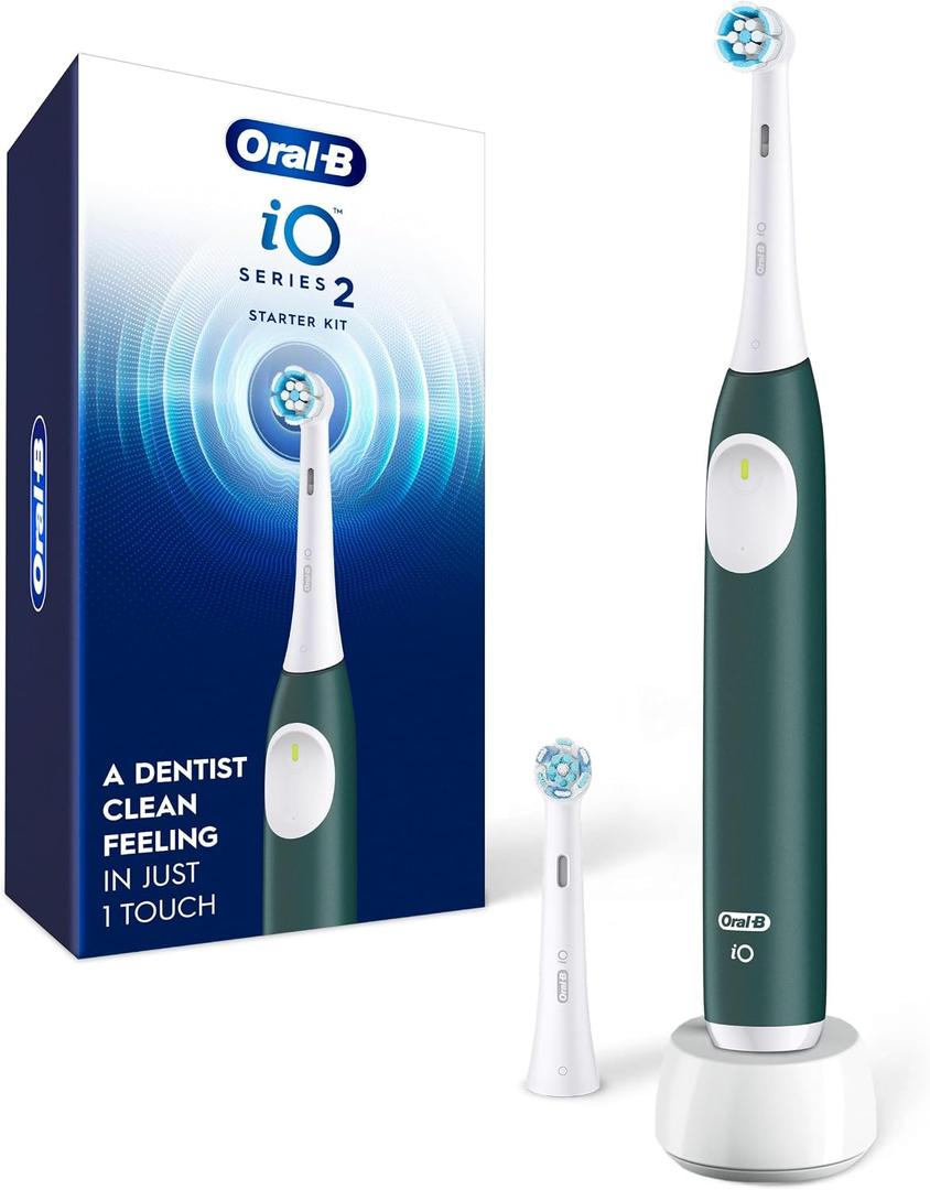 Oral-B Rechargeable Electric Toothbrush, iO2 Starter Kit, 3 Cleaning Modes, Automatic Pressure Sensor to Protect Gums, 2 Brush Heads, Forest Green