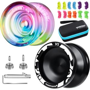 MAGICYOYO Reponsive Yoyos for Kids Beginners, Pro Yoyo 2 Pack Aluminum Yo yo V3 + Plastic Yo-yo K2 Crystal, Dual Yo-yos with 12 Yoyo Strings, Case Bag, Yo-Yo Accessory Kit (V3 Black + K2 Gradient)