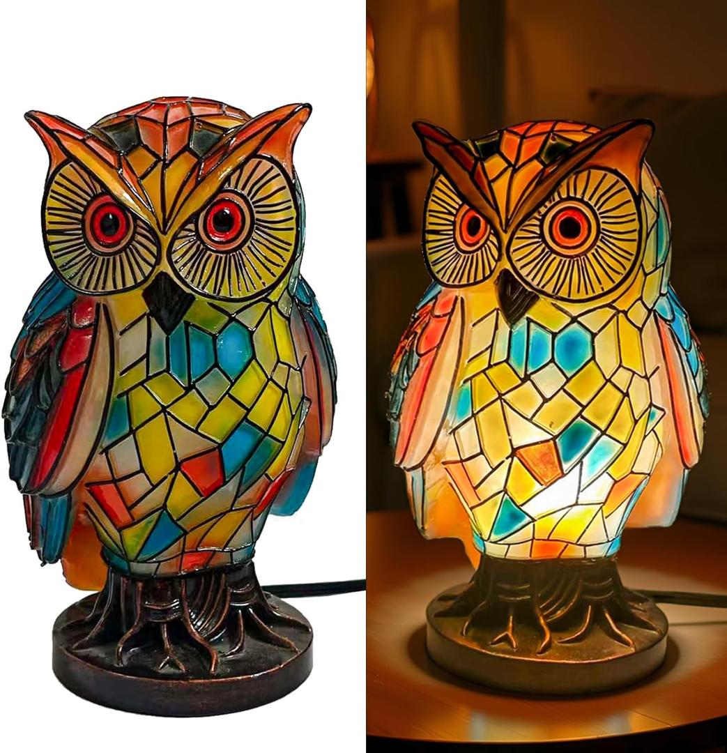 Tiffany Style Owl Table Lamp, Hand-Painted Vintage Resin Animal Desk Lamp, Colorful Owl Nightstand Light for Bedroom, Living Room, Nursery, Office, Unique Gift Idea for Mom, Women, Her