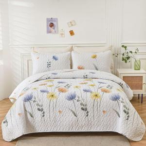 Dinjoy Floral Quilt Set Queen 3 Pieces Blue & Yellow Quilts Bedding Set Bohemian Bedspread Bed Cover Lightweight Spring Summer Beds Coverlet for All Season(96"x90")