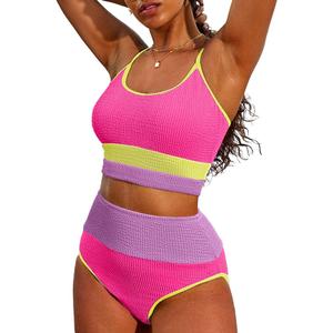 Herseas Womens High Waisted Bikini Set Color Block Ribbed Crop Top Sporty Swimsuits Tummy Control Two Piece Bathing Suits Rose Colorblock XX-Large