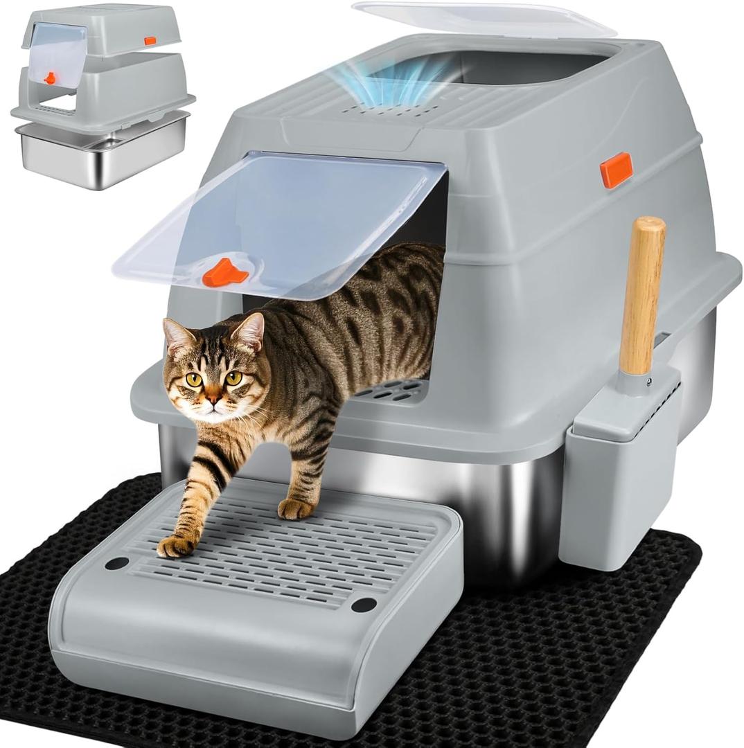 SZEE Stainless Steel Litter Box, XL Top Exit Enclosed Metal Cat Litter Box with Lid & Enclosure, Activated Charcoal Odor Control, Footboard, Trapping Mat & Scoop Included (Gray)