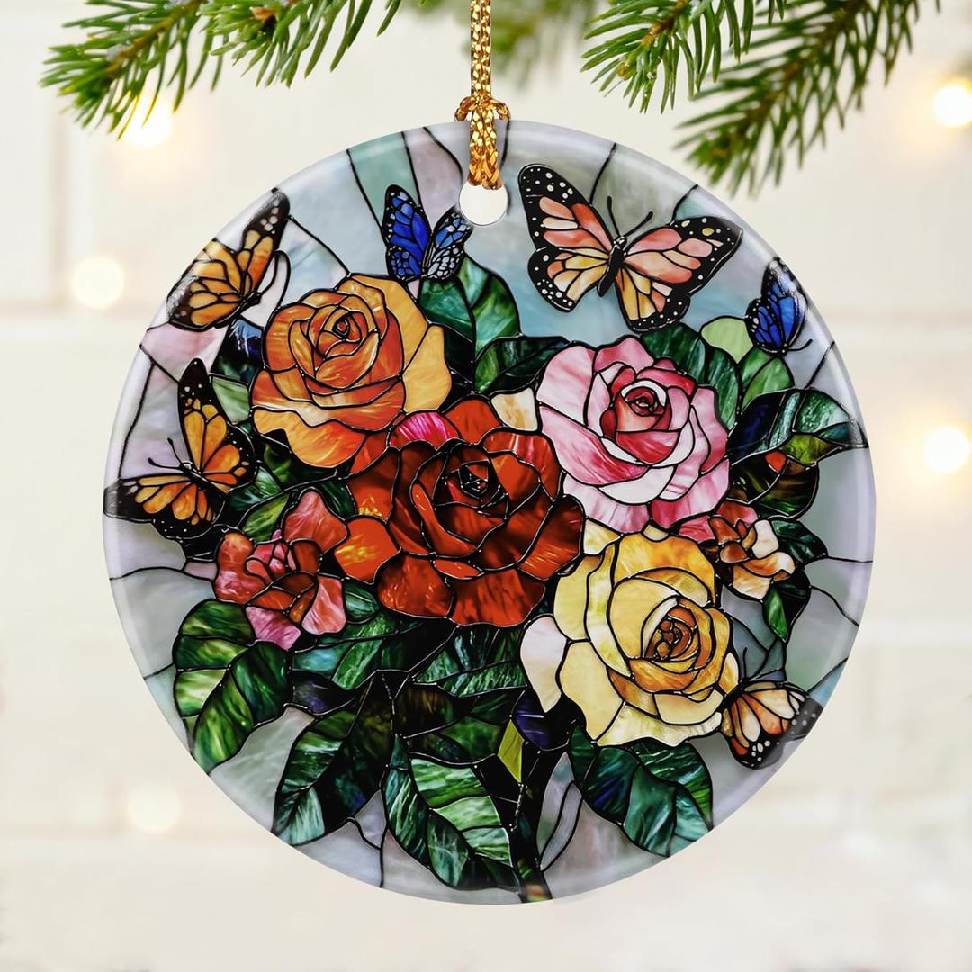2 x Butterfly & Rose Ornament | Christmas Ornaments, Christmas Decorations, Hanging Ornaments for Tree, Holiday Decor Gifts | Gifts for Flower Lover, Women, Friend, Neighbor | Gift Exchange Ideas