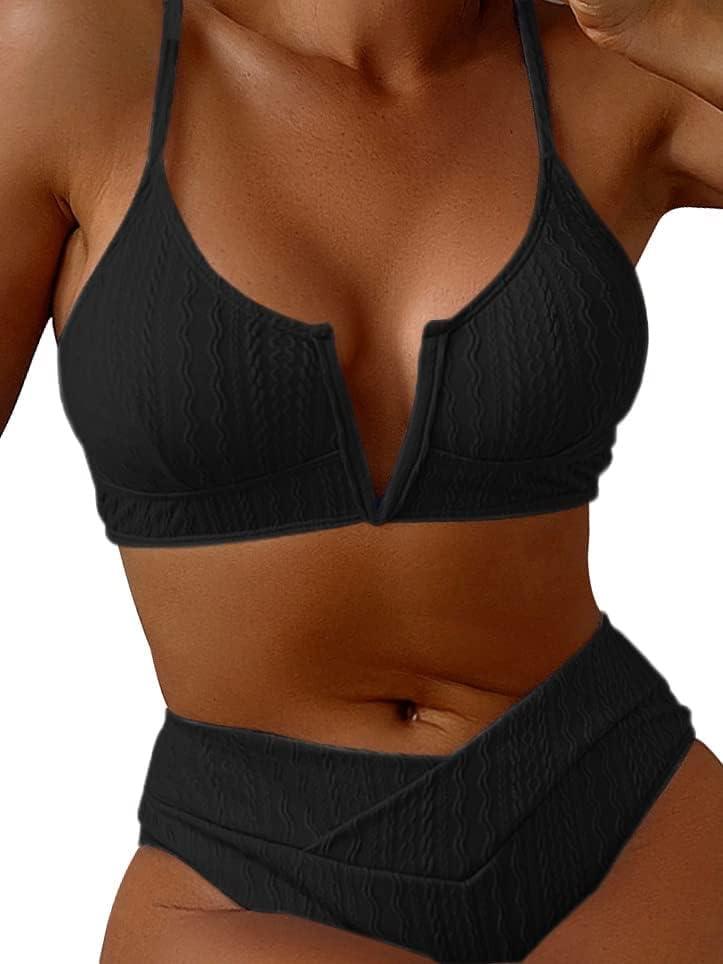 Women's V Cut High Waisted Bikini Ribbed V-Wired Cami Two Pieces Swimsuit (Black) S