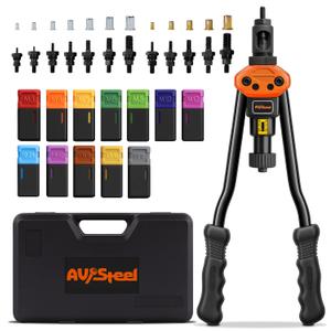 AV Steel Rivet Nut Tool Kit, 16-Inch Rivet Gun Including 12 Upgraded Interchangeable Mandrels & 200Pcs Nuts, Hand Riveter Labor-Saving and Compact Design,Thread Insert Riveter with Rugged Carry Case