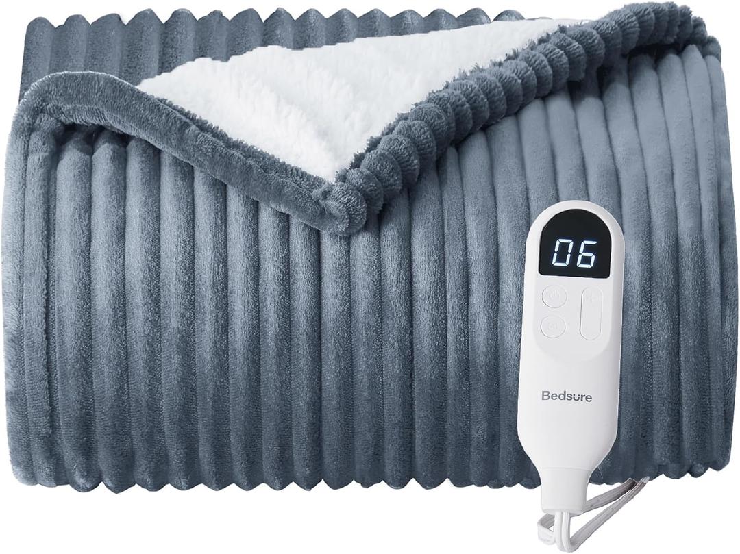Bedsure Heated Blanket Electric Throw - Soft Ribbed Flannel GentleSoft Electric Blanket, Heating with 4 Time Settings, 6 Heat Levels, 3 hrs Timer Auto Shut Off, Gift for Grandma (50x60 inches, Grey) (Throw, 01 - Grey)