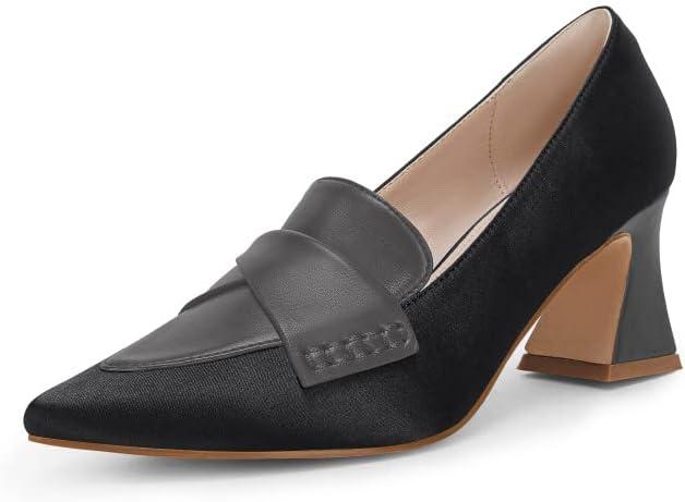 Women's Chunky Block Low Heels Pumps Stitching Retro Work Office Dress Shoes (8.5, Black)