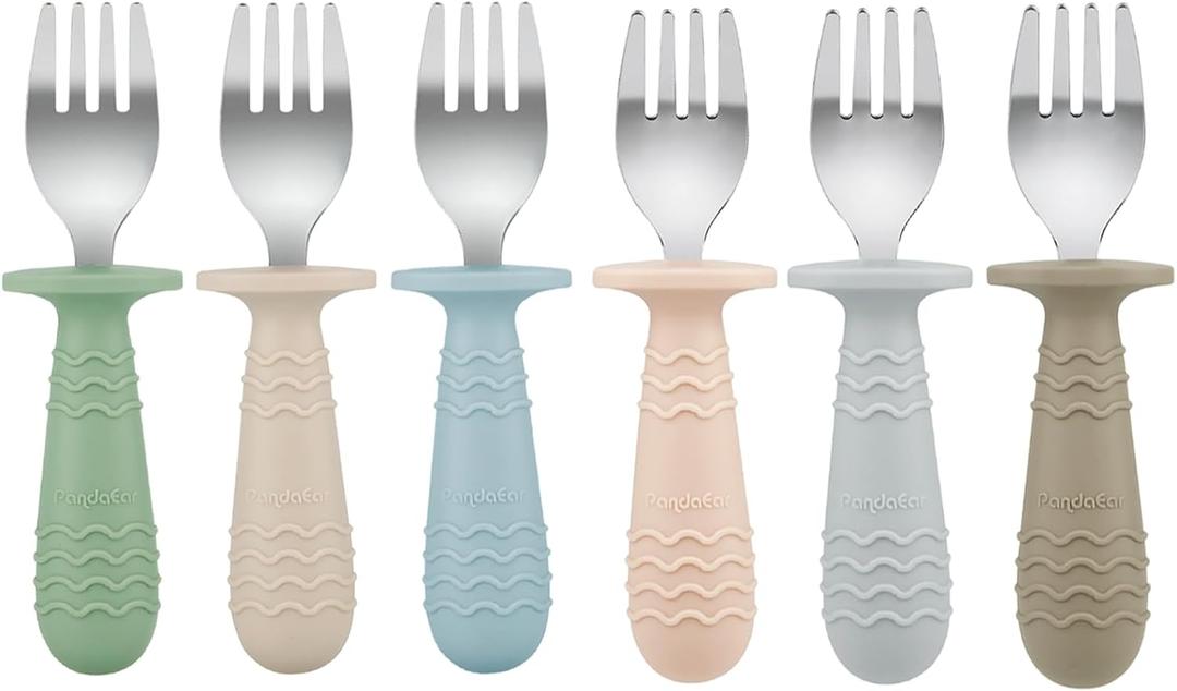 PandaEar 6 Pack Baby Forks for Self Feeding | Stainless Steel Tips & Silicone Handle Baby Utensils for Toddlers & Kids | BPA-Free, Easy Grip, Dishwasher Safe Feeding Forks for Baby Led Weaning