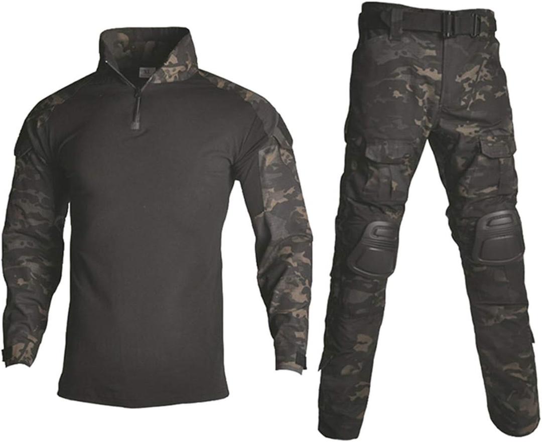 HARGLESMAN Men's Tactical Military Suits Long Sleeve Fitting Amry Uniforms Combat Shirt and Pants with Knee Pads (Large, Black Camo)