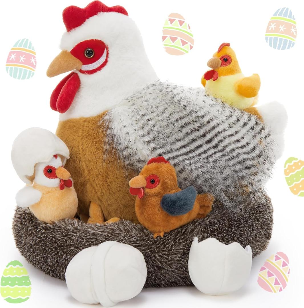 BENINY 8Pcs Easter Chicken Stuffed Animal, Stuffed White Hen with Little Baby Chicks and Coop, Plush Toys for Kids, Hit of Christmas Farm Party, Small