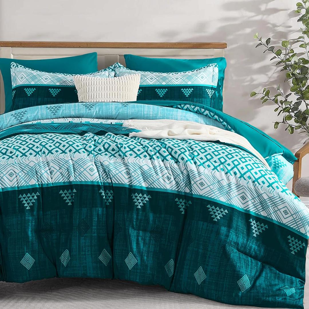 Xruibed Teal Queen Comforter Set 7 Pieces, Boho Striped Bed in a Bag Queen Size Soft Microfiber All Season Bedding Set with Comforter, Sheets, Pillowcases & Shams(90"90")