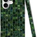DJSOK Compatible with iPhone 17,Glossy PC Anti-Scratch Shockproof Case - Aesthetic Toned Tiles Green Glass