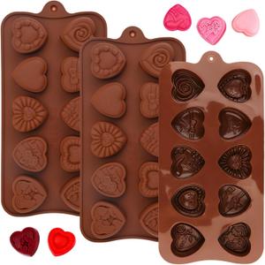 3PCS Heart Chocolate Molds Set, 10-Design DIY Silicone Molds for Valentine's Day & Mother's Day, Love Rose Non-Stick Baking Molds for Chocolate, Candy, Gummy, Ice Cubes, Fondant, Cake Decorating