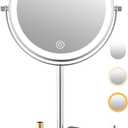 8" Lighted Makeup Mirror with 3 Color Lights and 1X 10X Magnification, Magnifying Vanity Mirror with Jewelry Holder and Storage Base, Dimmable,Touch Control, Chrome