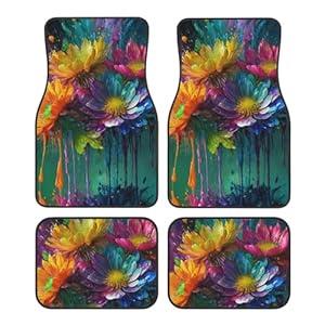 Car Floor Mats, Vehicle Front Rear Carpets Mats Universal Car Rugs, Car Accessories for Truck, Oil Style Flowers