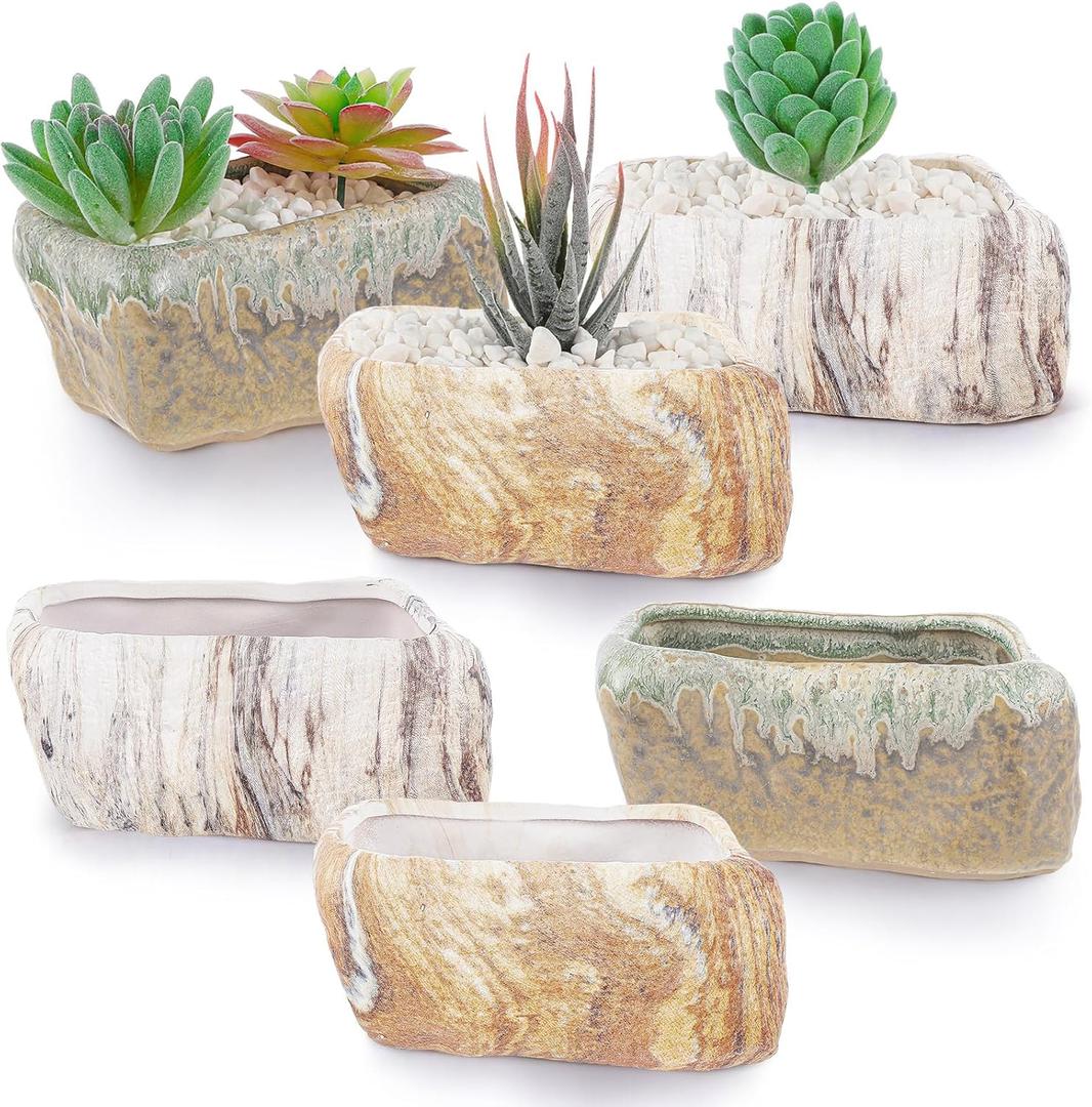 6 Pcs 5.3 Inch Ceramic Succulent Pots Stone Shape Bulk Rectangle Window Box Cactus Plant with Drainage Hole Succulent Planters Small Cactus Pots for Indoor Garden Office Table Decor Gift
