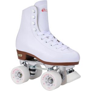 Chicago Quad Roller Skates for Girls & Boys  Durable, Top Performance Indoor/Outdoor Use or Roller Derby - Classic Deluxe Leather High-Top Boots with 60mm Urethane Wheels & Semi-Precision Bearings (Women / Men - 7, White)