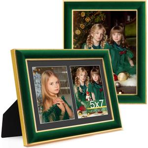 8.5x11 Velvet Picture Frame with 2 Openings 5x7 Pictures, HD Real Glass Green Velvet Photo Frame with Black White Border Mat, Gold Border Horizontal & Vertical Display for Tabletop or Wall Decor (2 Pack)