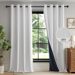 FMFUNCTEX 100% White Blackout Curtains for Bedroom, White Weave Textured Curtains 84 Inches Long Thermal Insulated Curtain for Living Room, Black Out Drapery Grommet Room Darkening 2 Panels