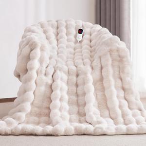 Anysay Heated Blanket Throw with 1/2/4/6/8 Hours Auto-Off 10 Heat Level, 50'' * 60'' Cozy Faux Rabbit Fur Bubble Electric Blanket with Overheat Protection(White)