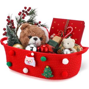 FoldTier 1 Pack Christmas Gift Basket Empty 15 x 9.9 x 5.1 Inch Santa Red Christmas Storage Bin with Handles, Woven Cotton Rope Basket for Gifts Holiday Treats Party Supplies, Home Xmas Decorations