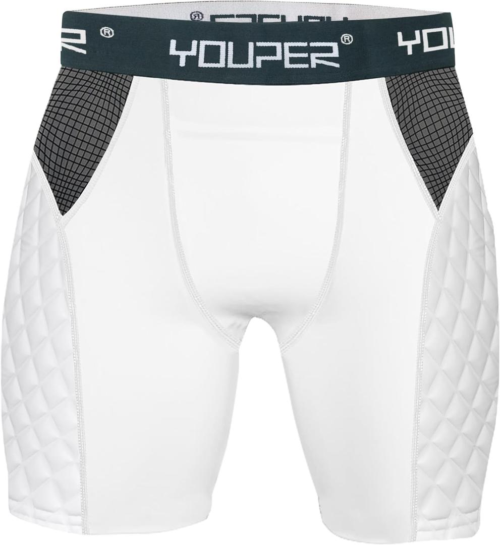 Youper Adult Elite Compression Padded Sliding Shorts w/Cup Pocket for Baseball, Football (Small, White)