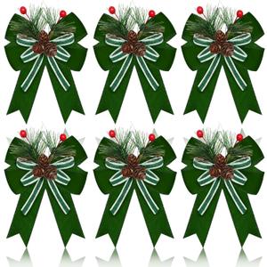 6 Pcs Christmas Velvet Bow with Pine Cones Pine Needles Xmas Sage Green Ribbon Bow Ornaments for Christmas Tree Wreath Garland DIY Crafts Decoration