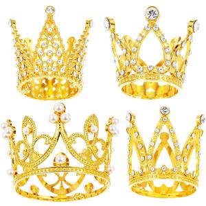 4 Pcs Crown Cake Topper, Gold Mini Birthday Crown Crystal Pearl Vintage Small Tiara Baby Princess Kueen Cake Crowns for Flower Arrangements Birthday Wedding Party Decor (Gold)