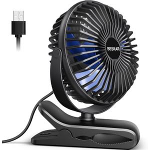 BESKAR USB Clip on Fan, Portable Small Fan with Cord Powered, 3 Speeds Strong Airflow, with Sturdy Clamp, Quiet Personal Desk Fan 