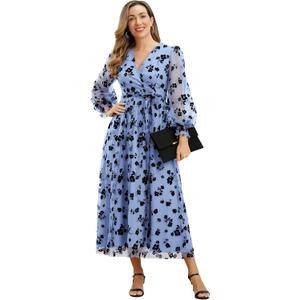 Women Floral Embroidered Maxi Dress Long Puff Sleeve Tulle Prom Dresses Belt V Neck Lantern Long Sleeve Homecoming Dresses (Blue), Size XL