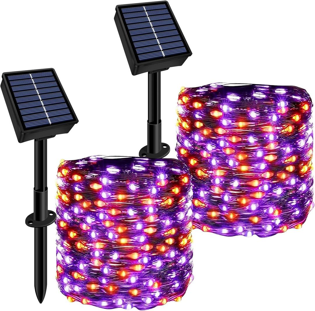 Solar String Lights Outdoor Waterproof 2 Pack Total 66ft 200LED 8 Modes Twinkle Lights Solar Fairy Lights for Patio, Garden Yard Party Tree Christmas Halloween Decoration, Orange + Purple