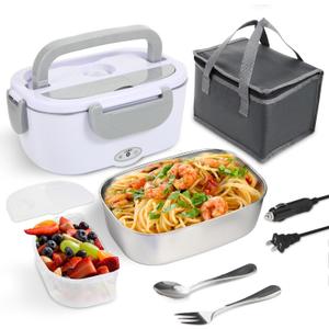 Electric Lunch Box Food Heater, 80W Heated Lunch Box for Adults, 12V 24V 110V Portable Food Warmer Lunch Box for Car Truck Work with Removable 304 Stainless Steel Container White