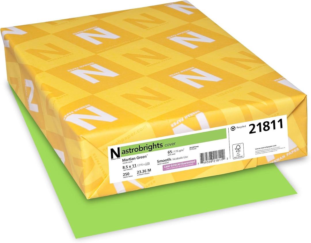 Wausau Papers Neenah Paper 21811 Astrobrights Colored Cardstock, 8.5 x 11, 65 lb/176 GSM, Martian Green, 250 Sheets