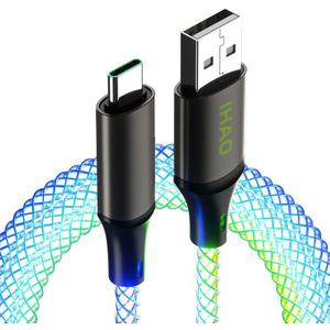 IHAO RGB USB A to Type C Fast Charging Cable Phone Charger High Data Speed Light Up Colourful RGB Current Flowing for All USB C Device-39 Inches Biege