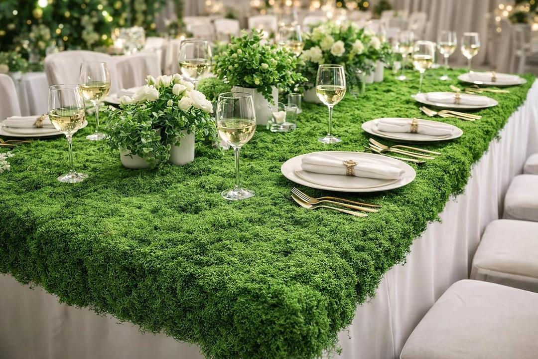 Fake Moss Table Runner for Crafts 19.68×78.74 inch Artificial Moss Sheet Roll Waterproof Carpet Blanket for Wall Roof Garden Wedding Birthday Party Table Decoration (Green)