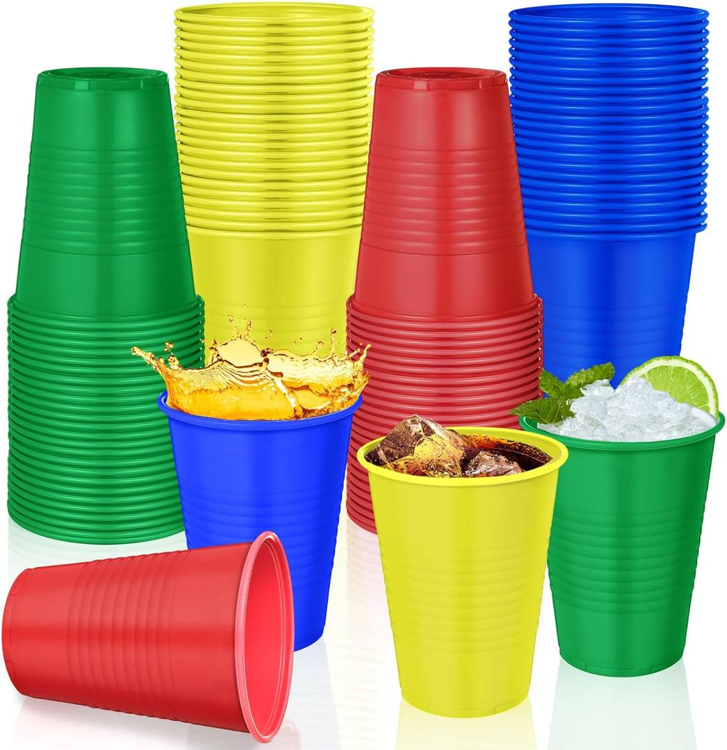 Funnymoom 60 Pcs Disposable Plastic 12 oz Party Drinking Cups Red Green Yellow Blue Colored Water Beverage Cups for Barbecues Picnics Festival Birthday Party Supplies
