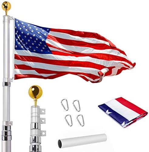 14 Gauge 20FT Telescoping Flag Pole Kit, Heavy Duty In Ground Telescopic Flag Poles with 3x5 American Flag, Outdoor Old Glory Flagpole Kits for Outside, Yard, Residential or Commercial