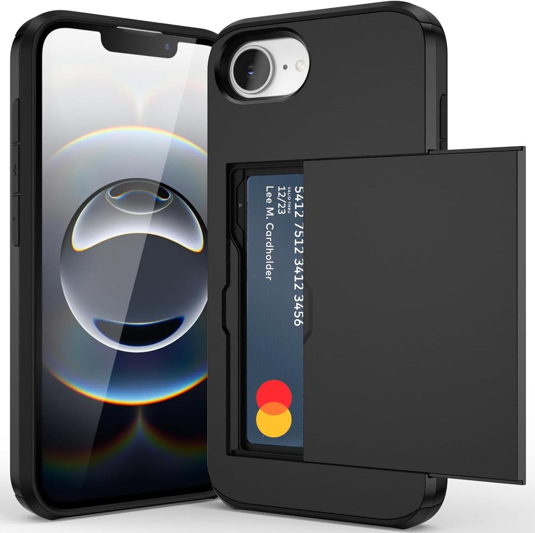 for iPhone 16e Case with Credit Card Holder, Wallet Case Slide Cover Dual Layer Hard PC Rubber Cover Phone Case for iPhone 16e 6.1'' 2025 Black