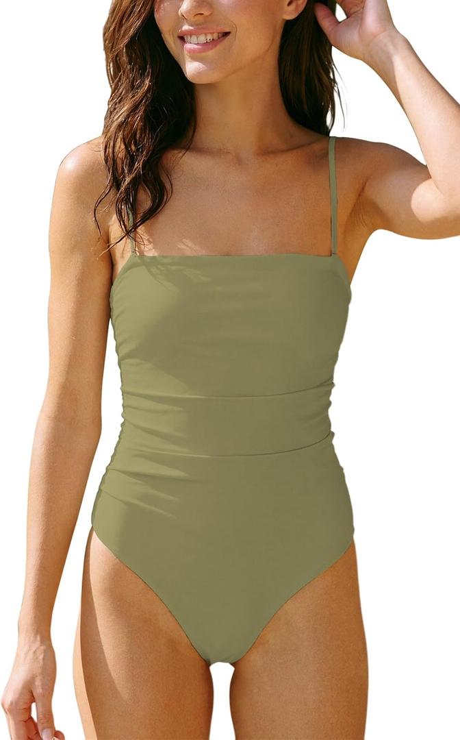 Women's Sexy Ruched Bandeau One Piece Swimsuit Bathing Suit Slimming Swimwear for Long Torso, Cheeky Coverage (Green)