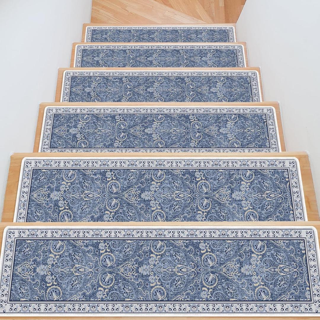 Stair Runner Non Slip 15 Pack, Stair Treads for Wooden Steps 8" X 30" Stain Resistant, Washable Stair Carpet Rug with Silicone Backing for Kids Elders and Dogs (Blue)